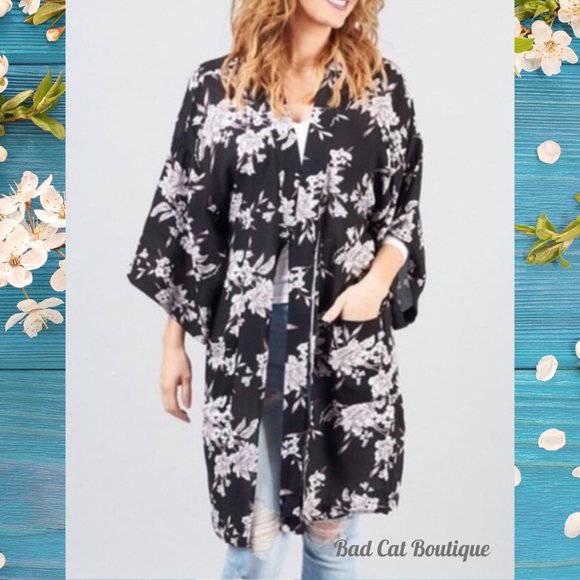 Spiritual Gangster | Gypsy Boho Cottagecore Maya Black Floral Kimono Duster - Picture 1 of 11